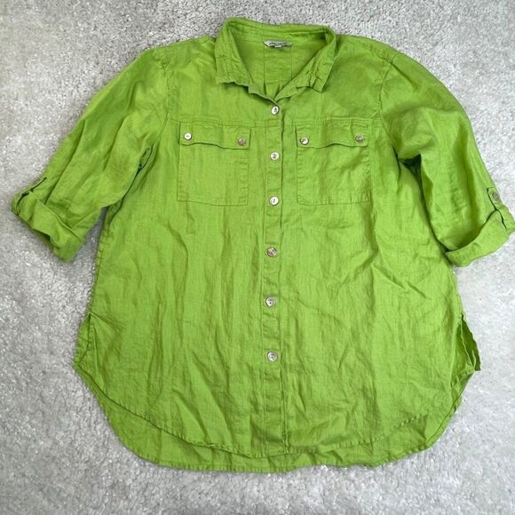John Mark Linen Button Down 3/4 Sleeve Blouse Lime Green - Picture 1 of 7